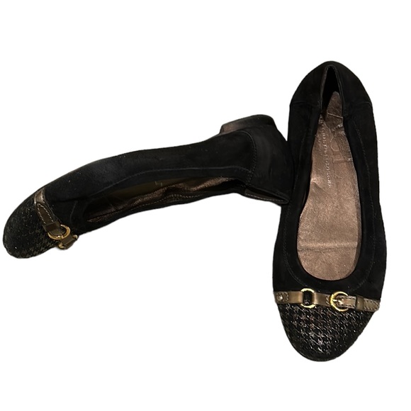 AGL Monika Black Suede Leather Metallic Gold Houndstooth Cap Toe Flats - 8.5 - Picture 4 of 15